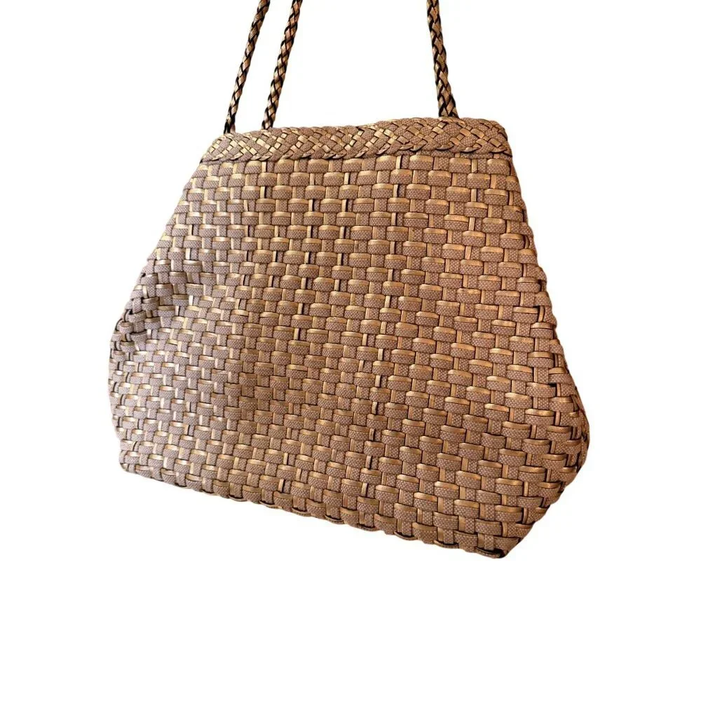 L.J.S. Collection Womens Tote Bag Gold Beige All-Over Woven Pattern Vintage